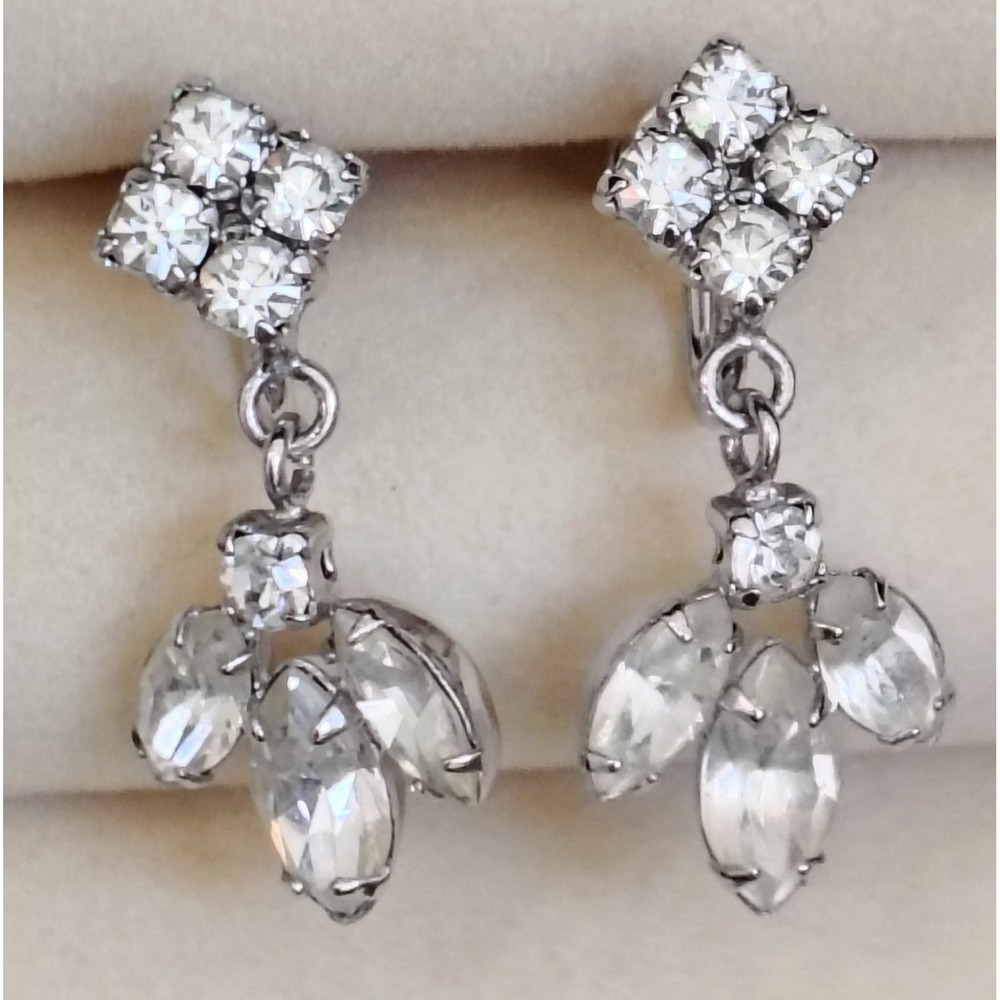 PHYLLIS Dangling Rhinestones Screw Back Clip On Vintage 50s Silver Tone Setting